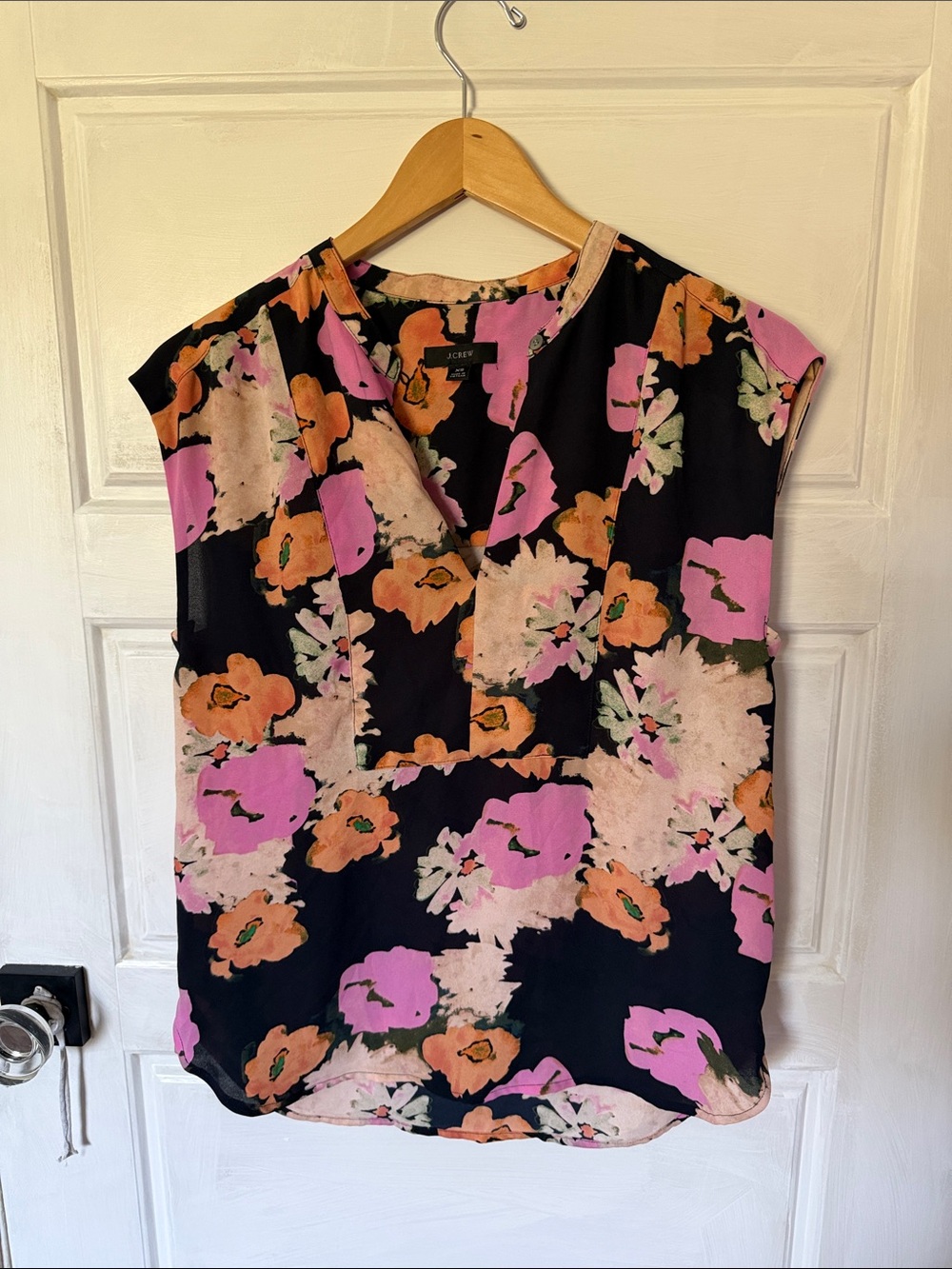 J. Crew Black Floral V-Neck Cap Sleeve Blouse with Pink and Peach Blooms